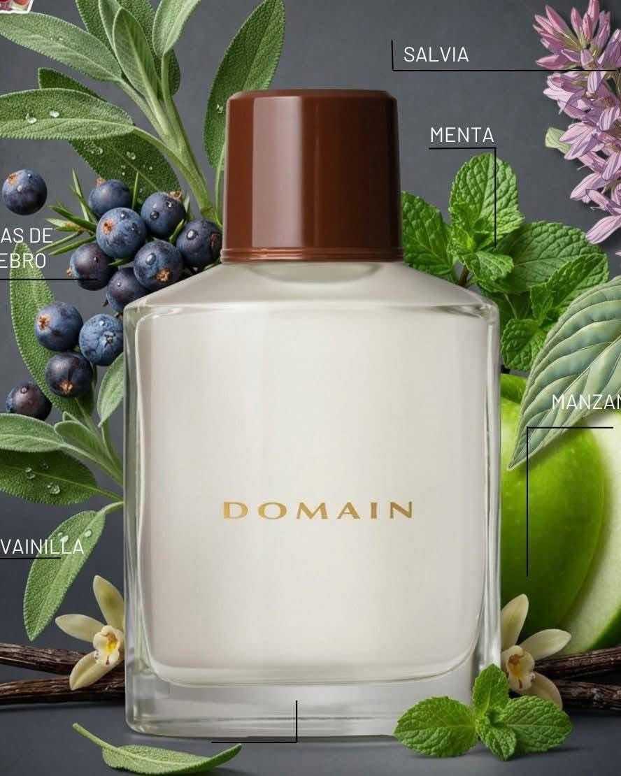 Ivory frosted cologne bottle with a brown cap surrounded by green leaves and juniper berries