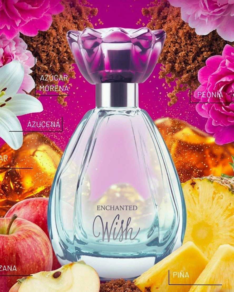 Lilac-to-aqua teardrop perfume bottle with a violet flower cap among peonies and fruit