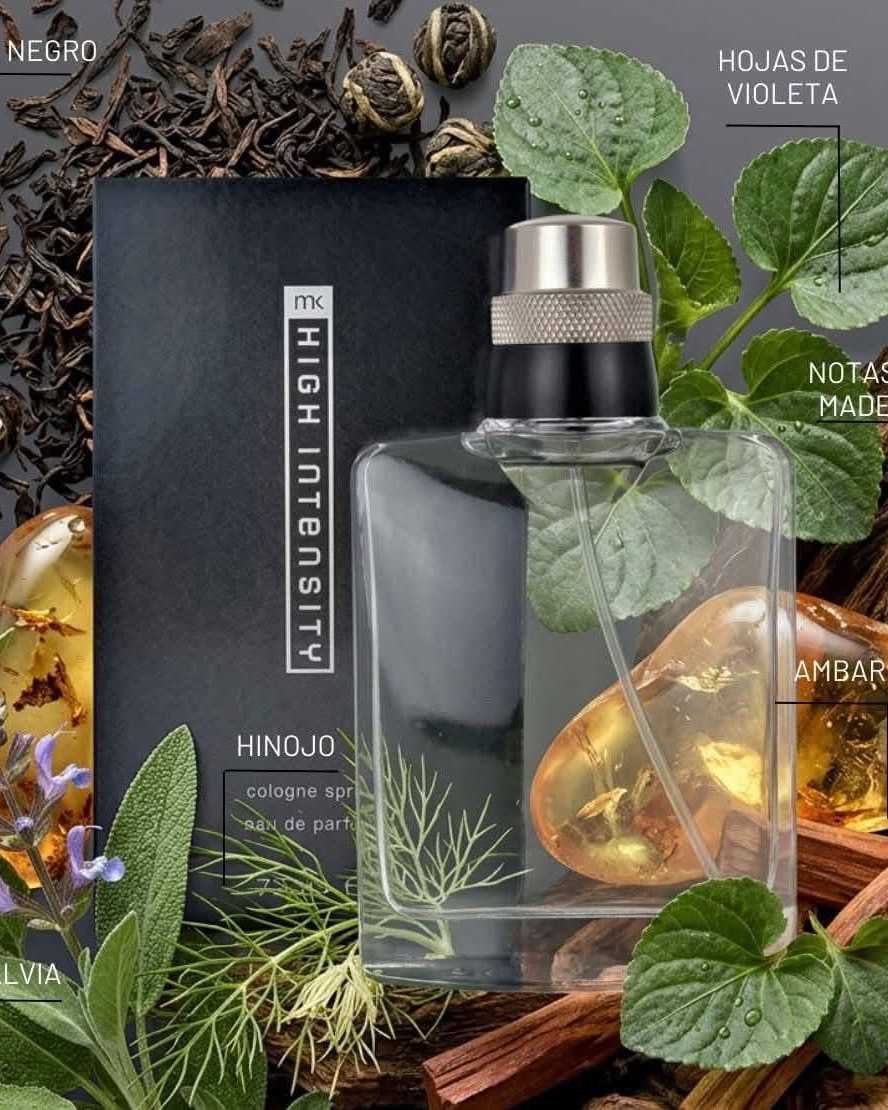 Clear cologne bottle with a knurled metal cap in front of a black box, among leaves and amber